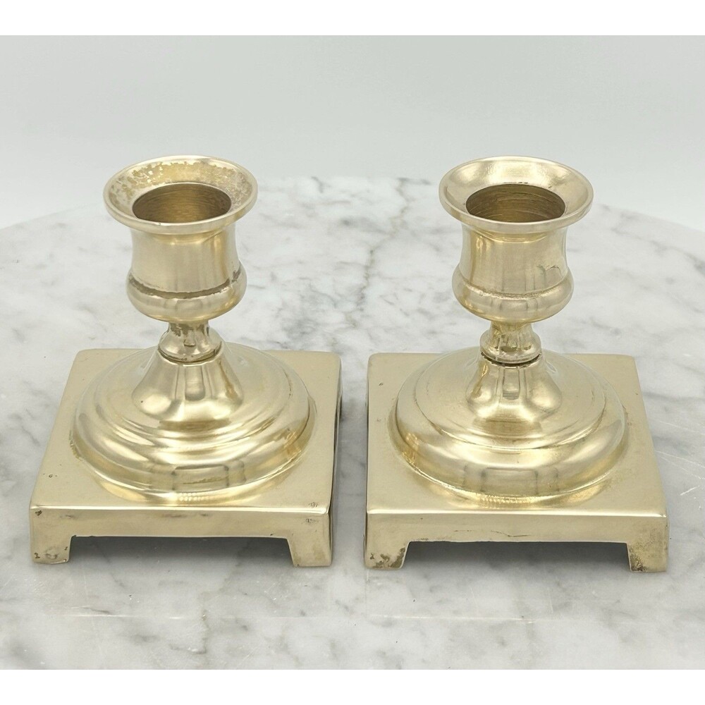 Vintage Pair of Brass Candlesticks Square Base Made in England 3” Tall